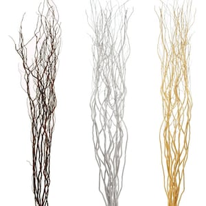 May include: Three bundles of decorative branches in varying colors. The first is a dark brown, the second is silver, and the third is gold. Each bundle is composed of many thin, intertwined branches, suitable for floral arrangements or home decor.