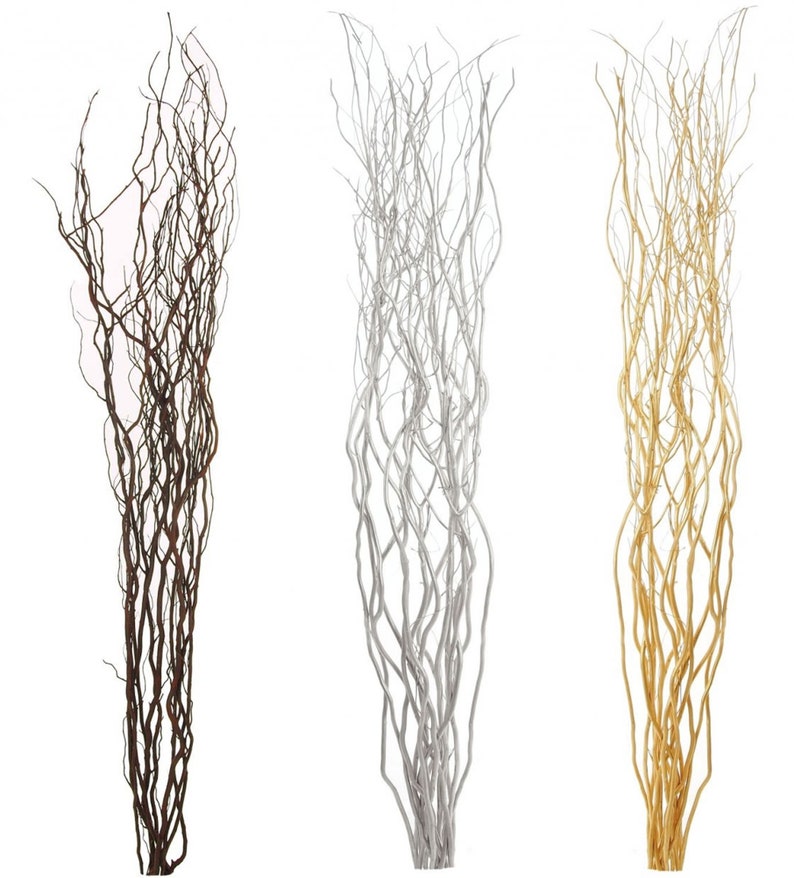 May include: Three bundles of decorative branches in varying colors. The first is a dark brown, the second is silver, and the third is gold. Each bundle is composed of many thin, intertwined branches, suitable for floral arrangements or home decor.