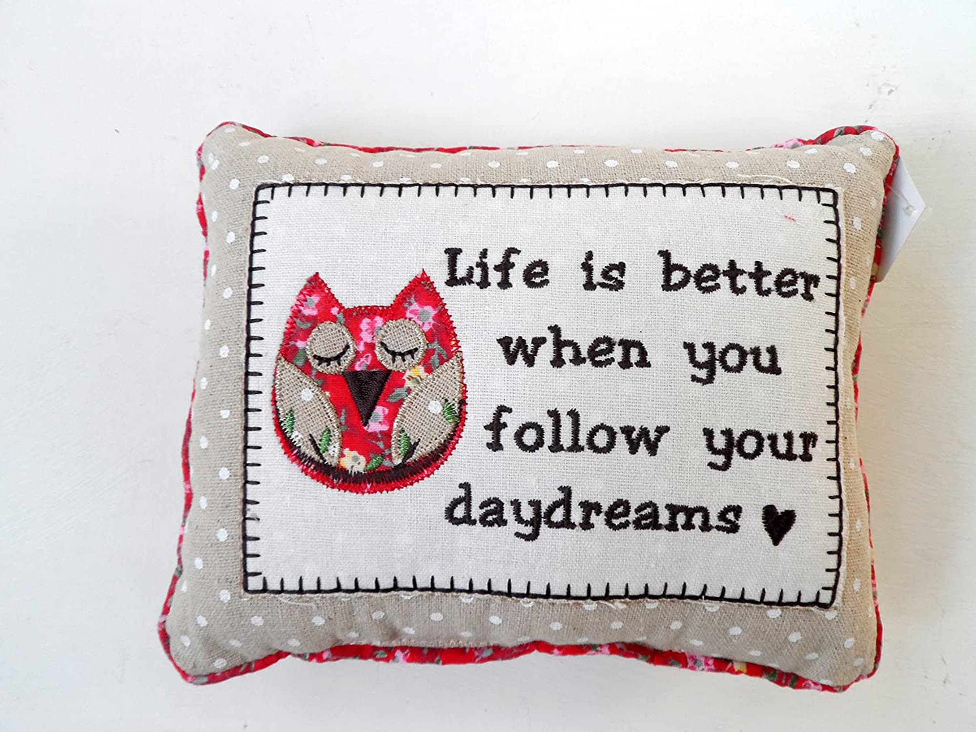Owl Cushion Vintage Shabby Chic Small Cushion Red & Brown Embroidered with Sentimental Words 6 S