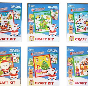 May include: Six Christmas-themed craft kits with the words "Snow White" and "6 Fun Designs to Collect" on the front. Each kit includes a colourful design with a peel-and-stick feature. The kits are labelled "Craft Kit" and feature a reindeer and Santa Claus.