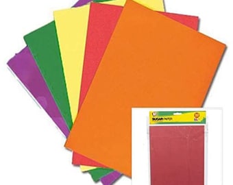 May include: A pack of six sheets of sugar paper in assorted colours: purple, green, yellow, red, orange, and red. The paper is packaged in a clear plastic bag with a label that reads "Sugar Paper".