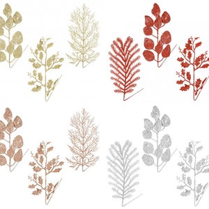 以下が含まれることがあります： 金、ローズゴールド、赤、銀のグリッターの枝10本セット。枝はワイヤー製で、さまざまな葉の形をしています。