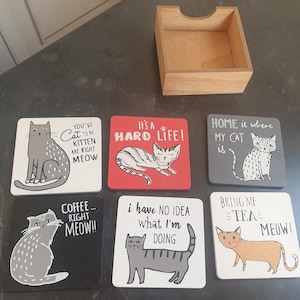 Hand Painted Cat Coasters, Wooden Coasters with Abstract Cats, Set of 6 Cat Images with Funny Messages. Gift for Birthday, Christmas, etc