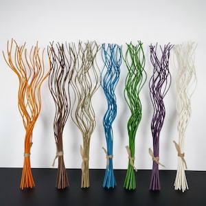 Può includere: Un insieme di rami decorativi in vari colori, tra cui arancione, marrone, beige, blu, verde, viola e bianco. Ogni fascio è legato con spago. Questi rami decorativi sono adatti per l'arredamento della casa.