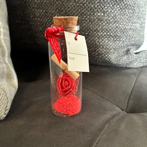 May include: A clear glass bottle with a cork stopper, red ribbon, and a small tag labeled "To" and "From". Inside the bottle are a red rose and red granules. A rolled-up scroll is also inside.