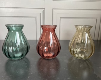 Teardrop Ribbed Small Bud or Posy Vase -Modern Glass Vase in Muted Pink, Amber, or Teal, Fresh Wild Flowers, Garden Roses or Ornaments