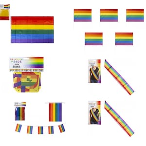 Può includere: Un set di decorazioni per feste arcobaleno pride che include uno striscione, bandiere e fasce. Lo striscione recita "Rainbow Pride 180cm Banner" e le fasce recitano "Rainbow Pride Sash".