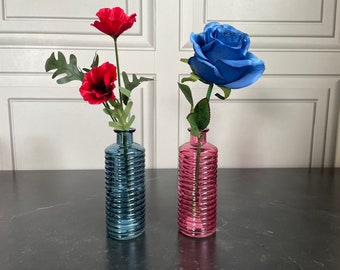 Retro Style Mini Ribbed Bottle Bud Vase Modern Glass Vase in Bright Pink or Blue, 16cm tall- Mix and Match Coloured Glass Vases
