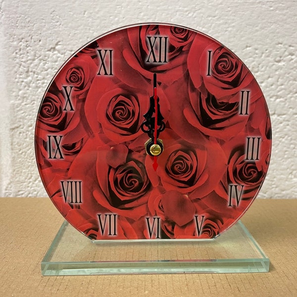 Red Rose Bud Romantic Floral Petal Print Glass Freestanding Clock. Mantelpiece or Desk Clock 13cm x 13cm. Lovely Gift or Home Accessory