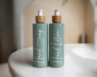 Sage Green Bamboo Pump Bottles | Hand Soap, Lotion Dispenser Set