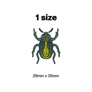 May include: An embroidered iron-on patch of a green and yellow beetle, 28mm x 35mm.  1 size.