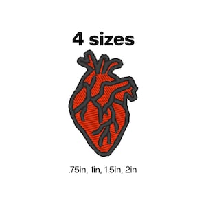 May include: Red embroidered heart with black outlines, available in four sizes: 0.75 inches, 1 inch, 1.5 inches, and 2 inches.