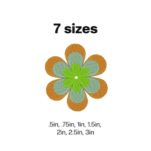 May include: A multi-layered flower design in shades of orange, green, and light green. The design is available in seven sizes: 0.5 inches, 0.75 inches, 1 inch, 1.5 inches, 2 inches, 2.5 inches, and 3 inches.