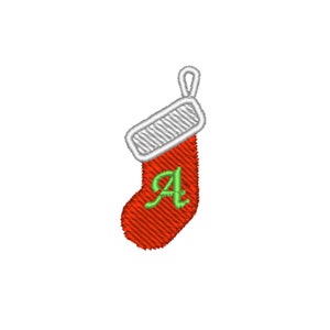 May include: Red and white Christmas stocking with a green letter A embroidered on the front.