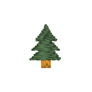 May include: A green stylized pine tree with a brown trunk. The tree is made of layered green ribbons.
