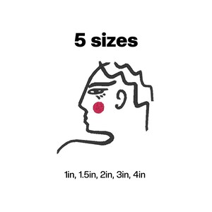 May include: Black and white line drawing of a face with a red circle on the cheek. The text "5 sizes" is above the drawing. Below the drawing is the text "1in, 1.5in, 2in, 3in, 4in".