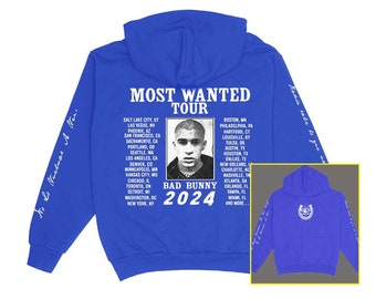 Bad Bunny Most Wanted Tour 24 HOODIE Double Sided and Sleeves Concert Merch Sweater Blue Brown Black