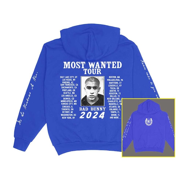 Bad Bunny Most Wanted Tour 24 HOODIE Double Sided and Sleeves Concert Merch Sweater Blue Brown Black