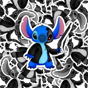 May include: A blue and black cartoon character with a red eye, wearing a black leather jacket and holding a gun. The character is surrounded by other cartoon characters in the background.