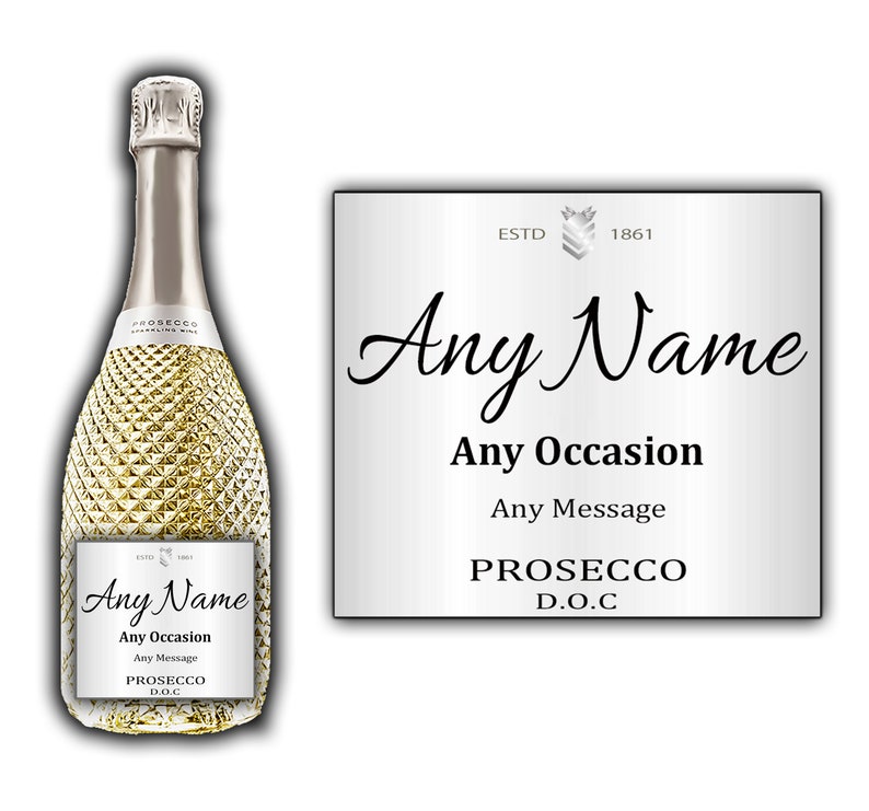 Personalised Silver Prosecco Label Champagne Wine Bottle Sticker Design 1