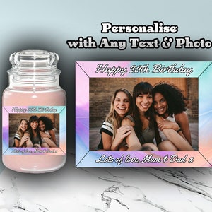 Personalised Pink Teal Photo Label Sticker for Candles - Birthday Wedding Anniversary And More