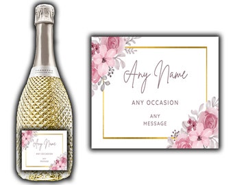 Personalised Pink Floral Label Sticker for Prosecco Champagne Wine Bottles