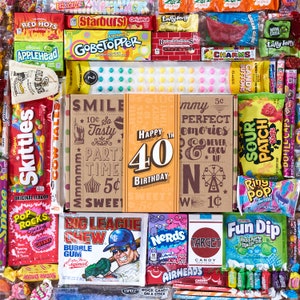 Vintage Candy Co. 40th Birthday Candy Gift Assortment - Milestone 40 Bday Gifts Basket - Care Package Gift Idea for Women Men Woman Man