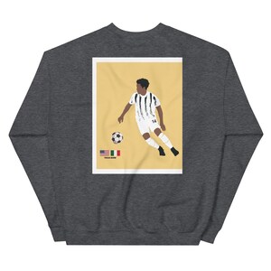 May include: A dark grey sweatshirt with a white square print on the back. The print features a soccer player in a white and black jersey with the number 14 on the back, kicking a soccer ball. The background is yellow and the text "TEXAS BORN" is below the player.