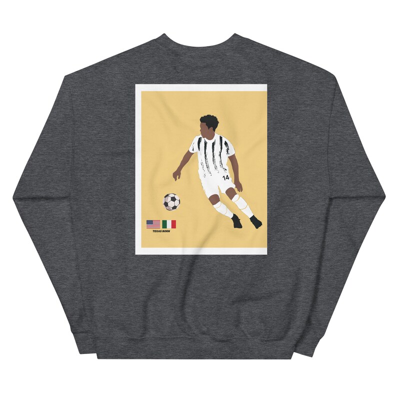 May include: A dark grey sweatshirt with a white square print on the back. The print features a soccer player in a white and black jersey with the number 14 on the back, kicking a soccer ball. The background is yellow and the text "TEXAS BORN" is below the player.