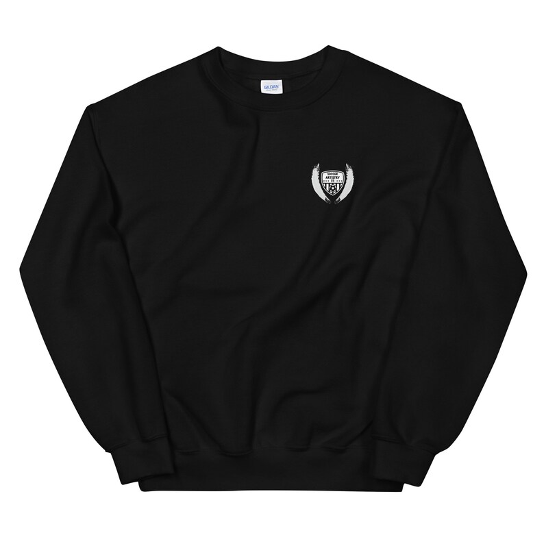 May include: Black sweatshirt with a white embroidered design on the left chest. The design features a shield with wings and the text "Those who fight for the truth".