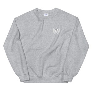 May include: A gray sweatshirt with a white embroidered patch on the left chest. The patch features a shield with wings and the text "Don't Forget To Fight".