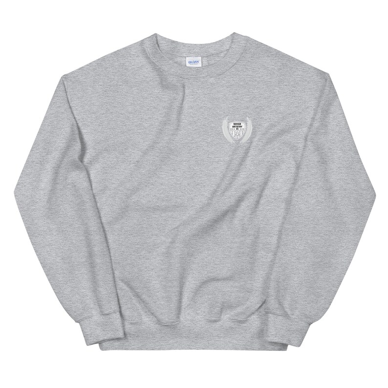May include: A gray sweatshirt with a white embroidered patch on the left chest. The patch features a shield with wings and the text "Don't Forget To Fight".
