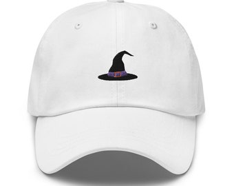 May include: White baseball cap with a black witch hat embroidered on the front.
