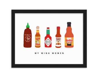 Framed Hot Sauce Bottles Illustration | Wall Art | Bar Decor | My Wing Women