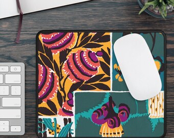 Bold Floral Patchwork Gaming Maus Pad | Bunte Retro botanische Schreibtischunterlage