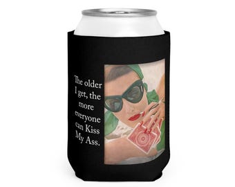 Retro Woman Playing Cards, Can Cooler Sleeve | Kiss My Ass Phrase