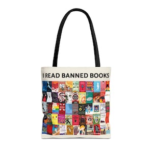 May include: A white tote bag with black handles featuring the text "I READ BANNED BOOKS." The bag is covered with images of book covers. The bag is made of a sturdy material and is designed for carrying books and other items.