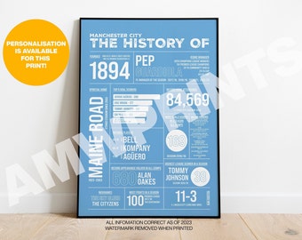 Manchester City Football Infographic History Poster Print | Custom Football Print | Wall Art | Manchester Poster | Football Gift | Unframed