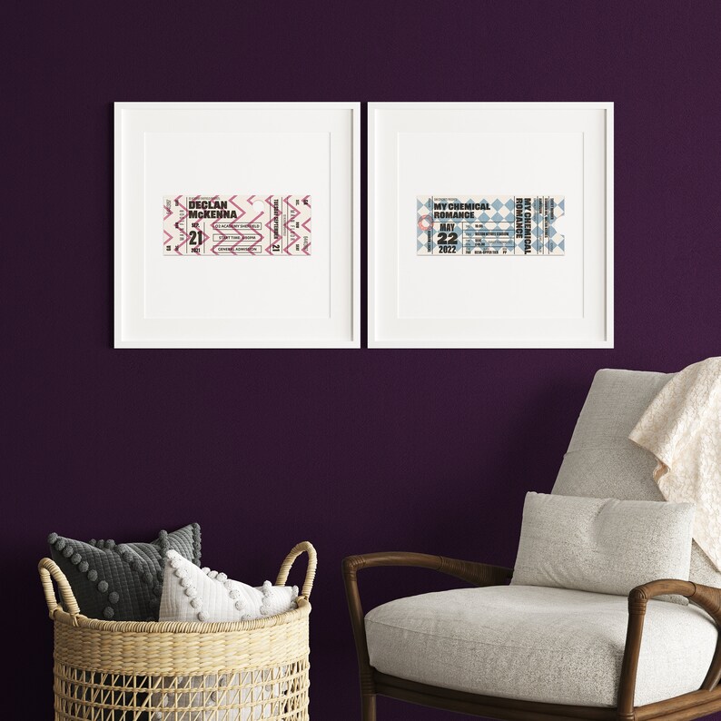 May include: Two framed concert ticket stubs, one for Declan McKenna and one for My Chemical Romance. The tickets are printed on white paper with black text and a geometric pattern in pink and blue.