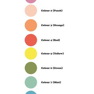 May include: A vertical color chart with eight different colors, each with a name and description. The colors are dusty pink, peach, orange, red, yellow, green, mint, and blue.