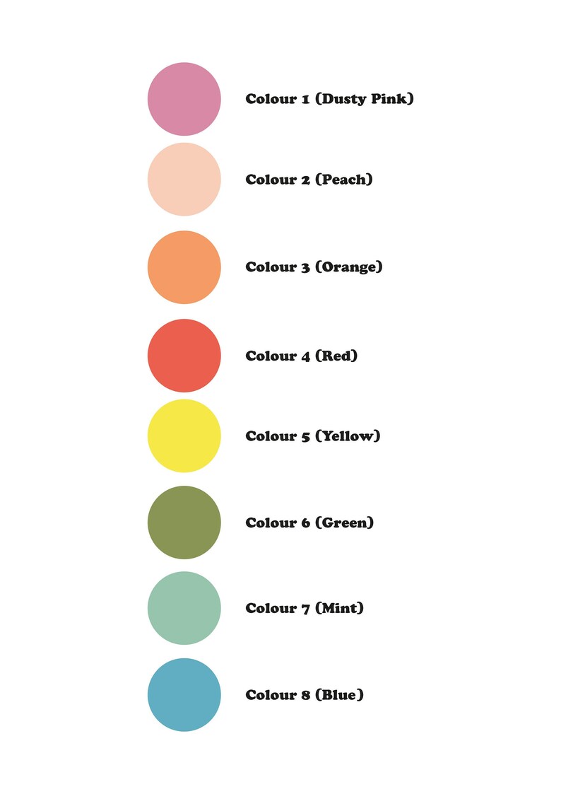 May include: A vertical color chart with eight different colors, each with a name and description. The colors are dusty pink, peach, orange, red, yellow, green, mint, and blue.