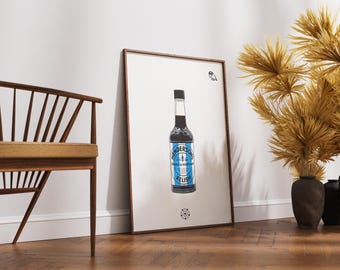 May include: A framed vertical art print featuring a centered illustration of a Henderson's Relish bottle with a blue and white label. The bottle is dark brown with a black cap. A small owl icon is in the top right and a circular logo is at the bottom.