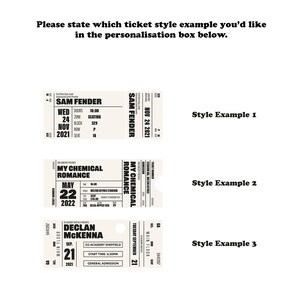 May include: Three different ticket designs for concerts. The first ticket is for a Sam Fender concert on November 24, 2021. The second ticket is for a My Chemical Romance concert on May 22, 2022. The third ticket is for a Declan McKenna concert on September 21, 2021.