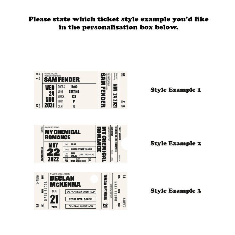 May include: Three different ticket designs for concerts. The first ticket is for a Sam Fender concert on November 24, 2021. The second ticket is for a My Chemical Romance concert on May 22, 2022. The third ticket is for a Declan McKenna concert on September 21, 2021.