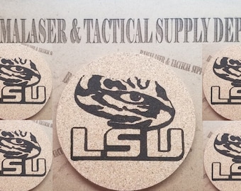 Set of 5 Cork Coasters LSU. Great gifts custom engraved