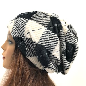 Handmade Fleece Winter Beanie, Black White Plaid Warm Winter Hat