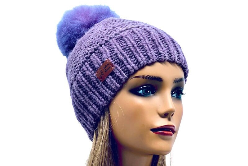 Alpaca Hat with Baby Alpaca Pompom,Lavender Santa Clara Winter Hat, Hand Made Alpaca Hat,Natural Cochineal Dyed Alpaca, Ear warmer