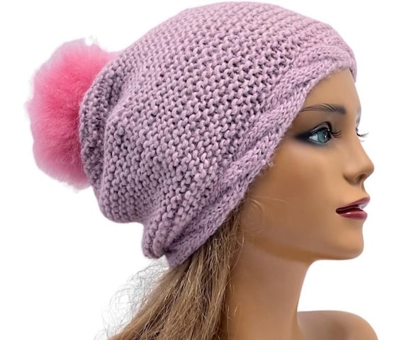 Alpaca Beanie With Baby Alpaca Pompom,dusty Pink Cable  display picture 2