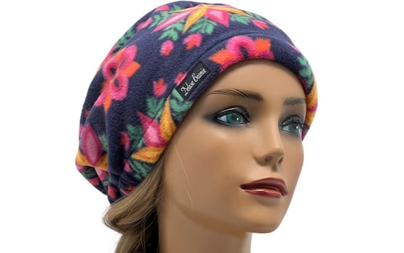 Floral Fleece Beanie, Winter Warm Hat, USA Made