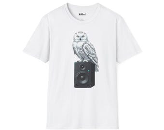 Owl Graphic T Shirt, Snowy Owl Illustration Tee, Music Lover Shirt, Unisex Owl Tee